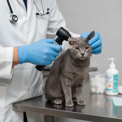 Veterinario revisando los oídos de un gato para detectar ácaros.
