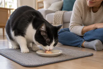Gato blanco y negro que lame una pequeña porción de premio cremoso en un platillo