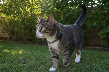 Gato con collar de seguridad y localizador GPS explorando un jardín cerrado.