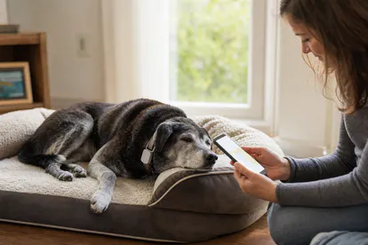 Cuidadora revisando la actividad de un perro sénior que descansa con su localizador.