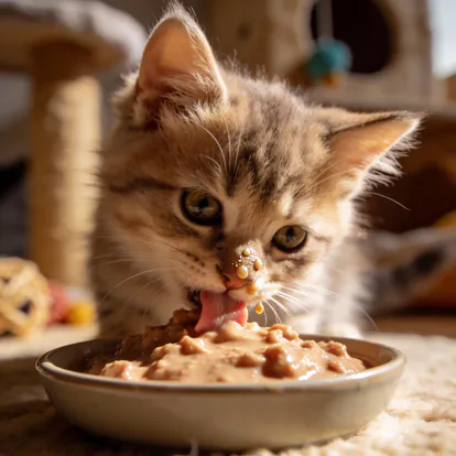 Gatito pequeño comiendo de un cuenco de comida húmeda para gatitos.