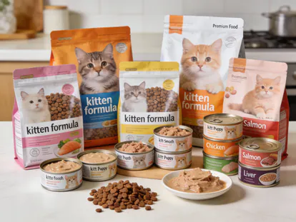 Diferentes tipos de pienso y comida húmeda para gatitos kitten.