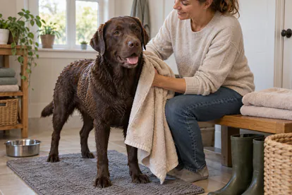 Labrador secado con una toalla limpia en una habitación templada tras el baño