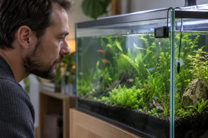Acuarista leyendo un termómetro exterior conectado a una sonda sumergida en el acuario