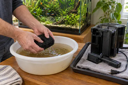 Manos aclarando una esponja filtrante en agua retirada del acuario junto a un filtro desconectado