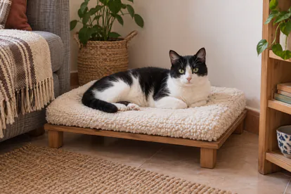 Gato blanco y negro descansando sobre una manta gruesa en un rincón tranquilo de casa