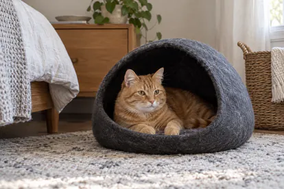 Gato naranja acomodándose en una cueva de fieltro con entrada amplia y umbral bajo