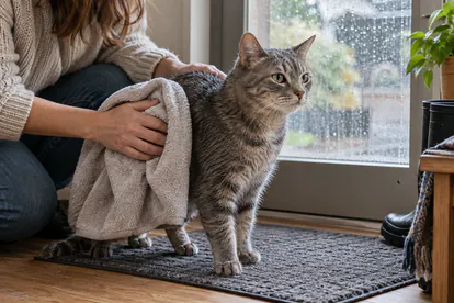 Cuidador secando suavemente el costado de un gato atigrado con una toalla tras entrar en casa