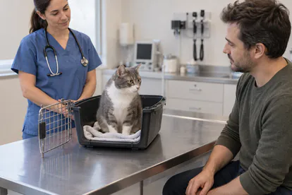 Gato en la base abierta de su transportín durante una consulta veterinaria sin sujeción