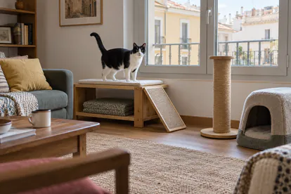 Gato blanco y negro sobre una plataforma baja junto a un rascador y una cama refugio