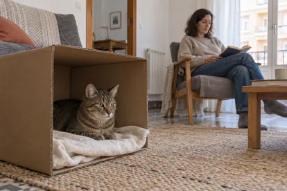 Gato atigrado dentro de una caja con manta mientras su cuidadora respeta la distancia