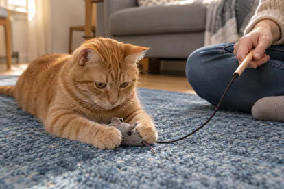 Gato naranja sujetando un ratón de tela durante una sesión de juego supervisada
