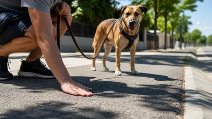 Persona comprobando el asfalto antes de pasear a un perro en días de calor.