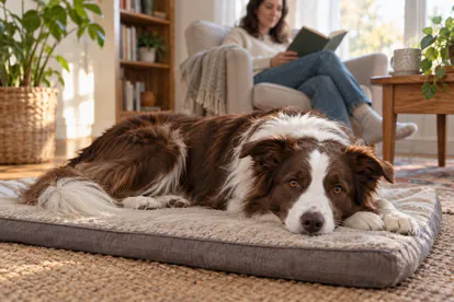 Border Collie marrón y blanco descansando sobre una alfombra en una sala tranquila