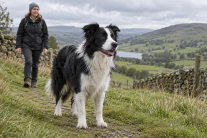 Border Collie adulto de pelo negro y blanco durante un paseo tranquilo por un prado