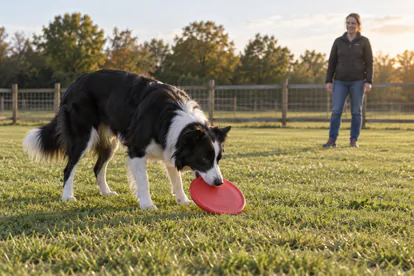Border Collie recogiendo un disco flexible del césped con las cuatro patas apoyadas
