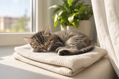 Gatito descansando junto a una ventana soleada durante una siesta corta