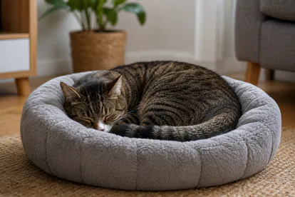 Gato adulto durmiendo en una cama redonda suave dentro de casa