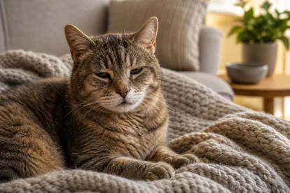 Gato mayor descansando sobre una manta tranquila con ambiente calido