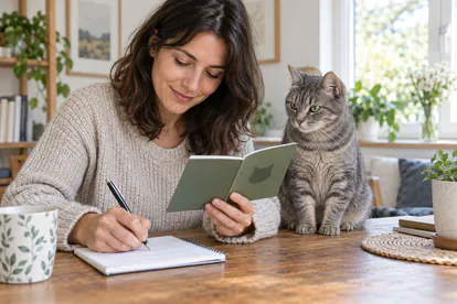 Gato atigrado junto a su cuidadora mientras revisa el historial de cuidados en casa