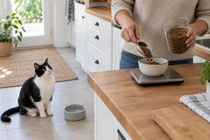 Cuidadora pesando una porción de alimento mientras un gato adulto espera junto a su bebedero