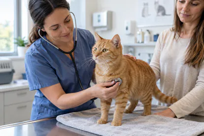Veterinario auscultando a un gato naranja tranquilo sobre una toalla durante una revisión