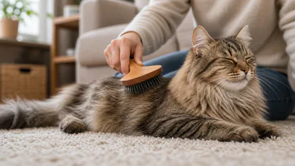 Persona cepillando suavemente a un gato tranquilo en casa con un peine de aseo.