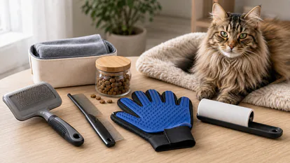 Kit de cuidado del pelaje felino con cepillo, peine, guante de aseo y premios naturales.