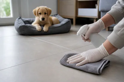 Limpieza de un accidente de cachorro con producto enzimático y paño.