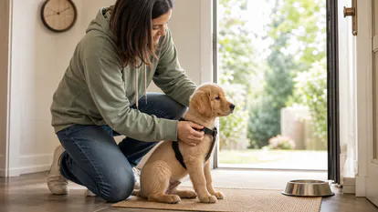 Persona colocando un arnés al cachorro para su salida rutinaria después de comer.