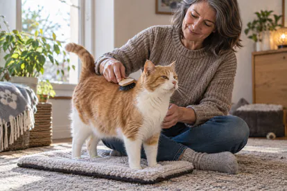 Persona que cepilla suavemente a un gato sénior sobre una alfombra sin sujetarlo