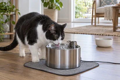 Gato blanco y negro que bebe de una fuente de acero con otro cuenco de agua disponible