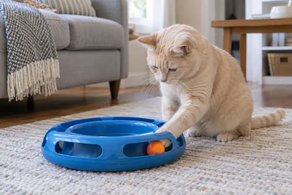 Gato de pelo crema moviendo una pelota dentro de un circuito de juego sobre una alfombra