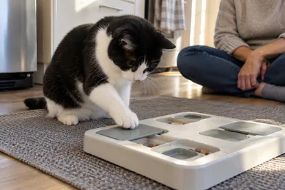 Gato blanco y negro explorando un rompecabezas de comida con compartimentos abiertos