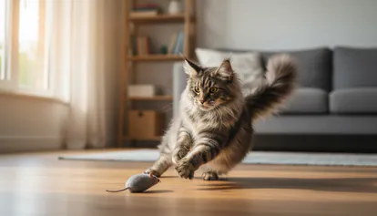 Maine Coon jugando y mostrando su naturaleza activa y curiosa.