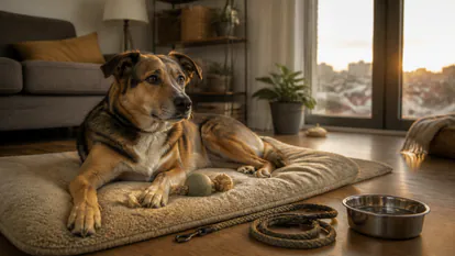 Perro descansando en su manta despues de una rutina de paseo urbano en casa.