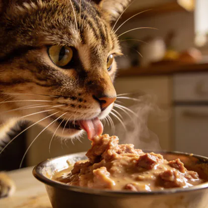 Gato oliendo comida húmeda aromática para estimular su apetito.
