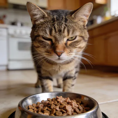 Gato mirando su cuenco de comida sin querer comer.