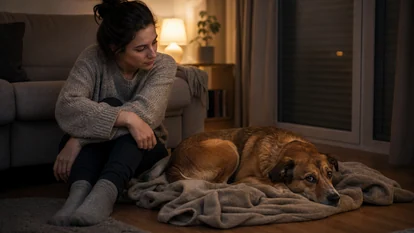 Persona acompañando a un perro ansioso con calma y luz tenue en el salón.