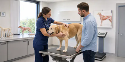 Veterinaria evaluando la condición corporal de un perro durante una consulta nutricional.
