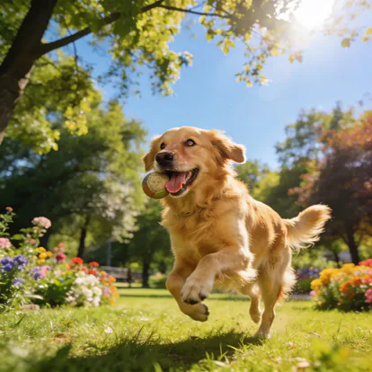 Perro jugando feliz en un parque durante el verano.