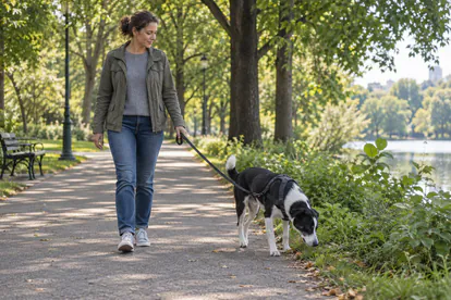 Perro adulto con arnés paseando y olfateando junto a su cuidadora en un parque