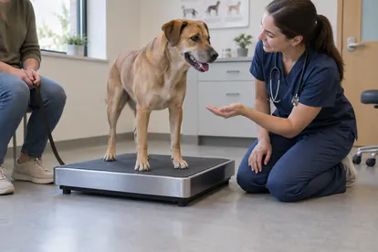 Perro adulto sobre una báscula de suelo durante una consulta veterinaria