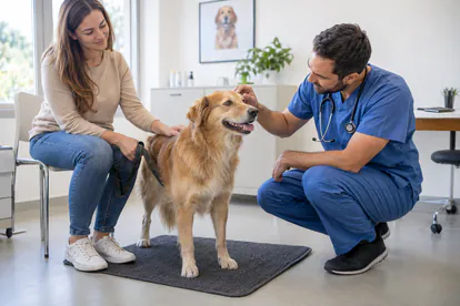 Veterinario observando el pelaje de un perro adulto junto a su cuidadora durante una consulta
