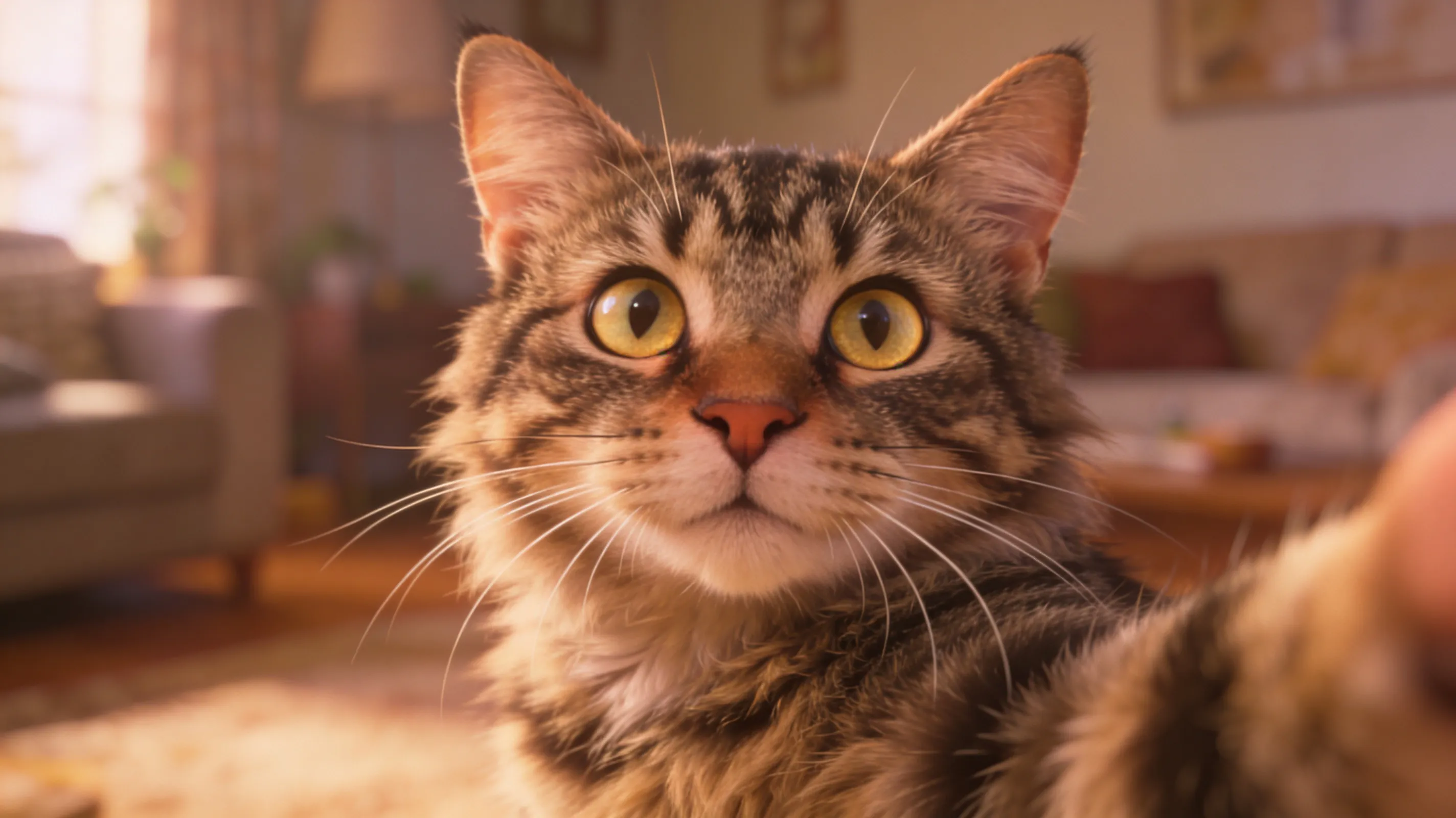 Gato doméstico mirando fijamente a su dueño con expresión curiosa y atenta