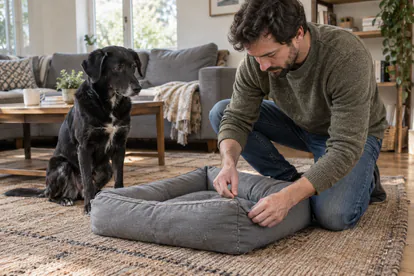 Cuidador revisando la costura de una cama gris mientras un perro negro espera a su lado