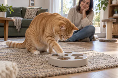 Gato naranja sacando pienso de un rompecabezas de alimentación colocado en el suelo