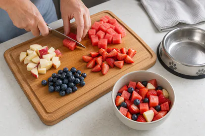 Preparación de sandía, manzana, fresas y arándanos en porciones seguras para un perro.