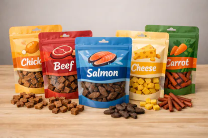 Variedad de bolsitas de puches para perros de diferentes sabores.