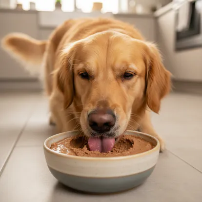 Perro disfrutando de comida húmeda tipo puche en su comedero.